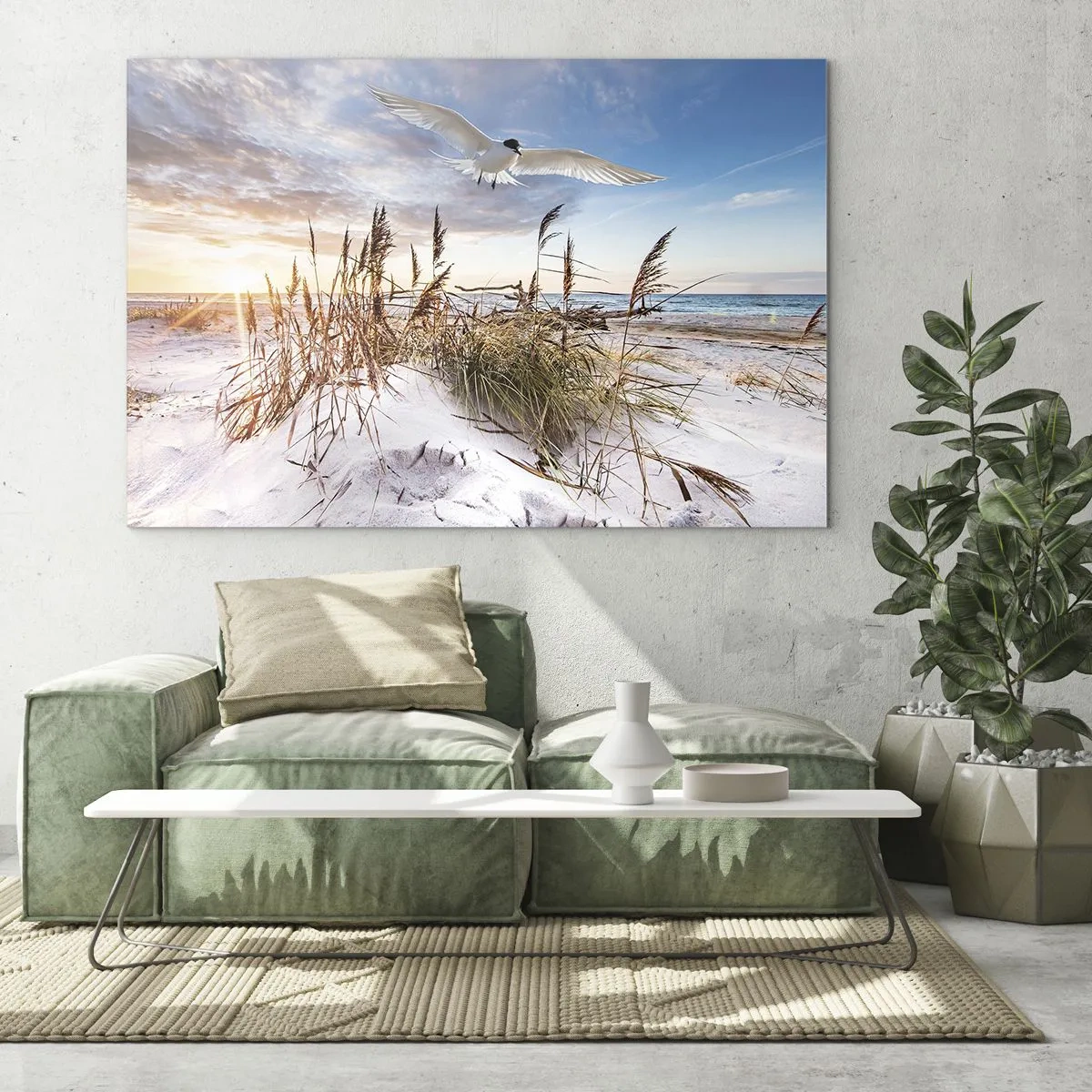 Obraz na szkle - Ptak lecący nad wydmami o zachodzie słońca - 70x50cm - Wiatr od morza - Nowoczesna dekoracja ścienna do salonu i sypialni ARTTOR