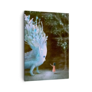 Obraz na płótnie - Dziewczynka spotykająca fantastyczne stworzenie w lesie - 50x70cm - Fantastyczne spotkanie - Nowoczesna dekoracja ścienna do salonu, kuchni i sypialni ARTTOR