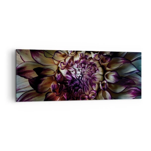Obraz na płótnie - Zbliżenie na kwiat dalii w ciemnych tonach - 140x50cm - Rozkwit młodości - Nowoczesna dekoracja ścienna do salonu i sypialni ARTTOR