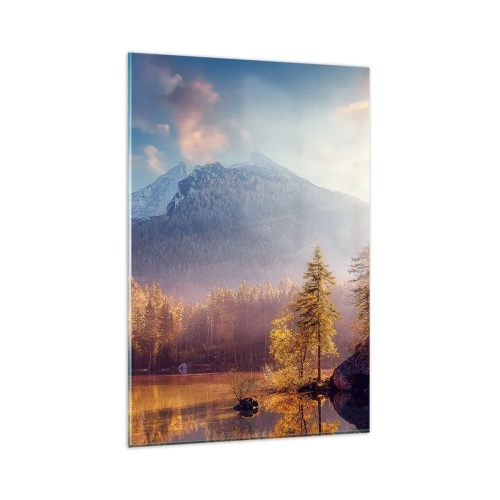 Obraz na szkle - Malowniczy widok na górski las i jezioro o świcie - 80x120cm - W górach i dolinach - Nowoczesna dekoracja ścienna do salonu i sypialni ARTTOR
