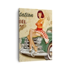 Obraz na płótnie - Plakat retro Route 66 z pin-up dziewczyną i samochodem - 70x100cm - Wspaniałe lata 40. - Nowoczesna dekoracja ścienna do salonu i sypialni ARTTOR