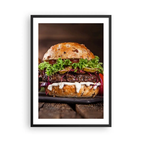 Plakat w czarnej ramie - Apetyczny burger z warzywami i sosem - 50x70cm - American dream - Nowoczesna dekoracja ścienna do salonu i sypialni ARTTOR