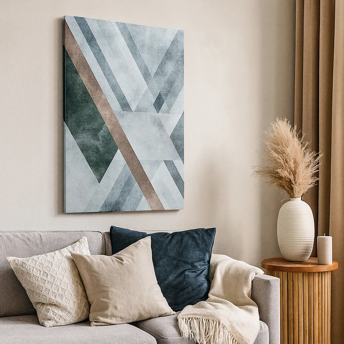 Obraz na płótnie - Geometryczna kompozycja z trójkątami i liniami w odcieniach szarości, zieleni i brązu - 50x70cm - Wyszukana elegancja geometrii - Nowoczesna dekoracja ścienna do salonu, kuchni i sypialni ARTTOR