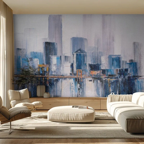 Fototapeta Premium Canvas - Abstrakcyjna panorama miasta z odcieniami błękitu i żółci - 100x70cm - Nowojorska impresja - Nowoczesna dekoracja ścienna do salonu i sypialni ARTTOR