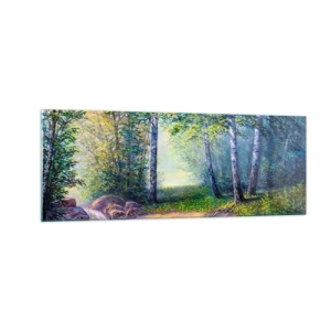 Obraz na szkle - Leśny strumyk otoczony brzozami i słońcem - 140x50cm - Sielankowa sceneria - Nowoczesna dekoracja ścienna do salonu i sypialni ARTTOR