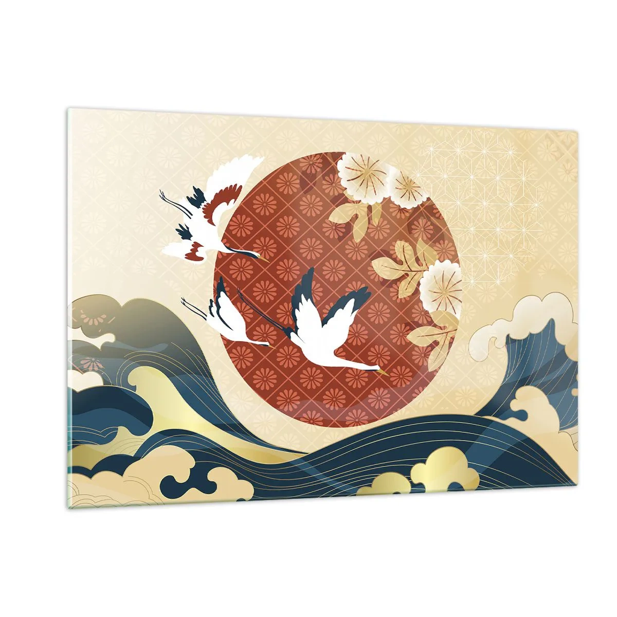 Obraz na szkle - Japońskie żurawie nad falami na tle czerwonego koła - 120x80cm - Japońska baśń - Nowoczesna dekoracja ścienna do salonu, kuchni i sypialni ARTTOR