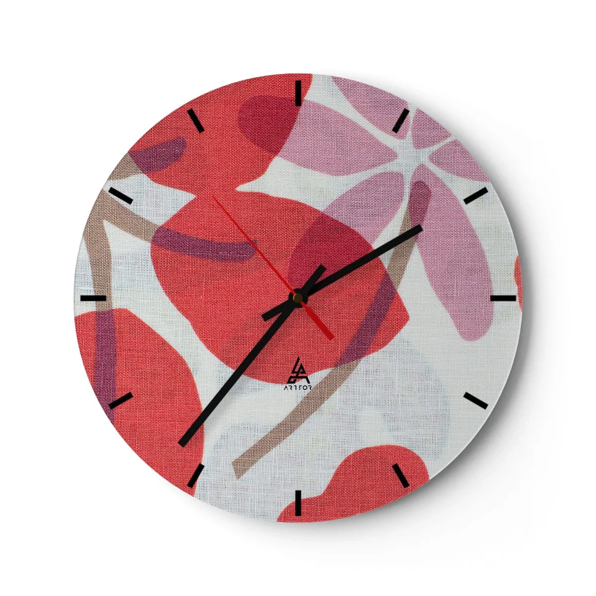 Zegar ścienny - Różowe i czerwone liście na białym tle o lnianej strukturze - 30x30cm - Kompozycja kwiatowa w różu - Nowoczesna dekoracja ścienna do salonu, kuchni i sypialni ARTTOR