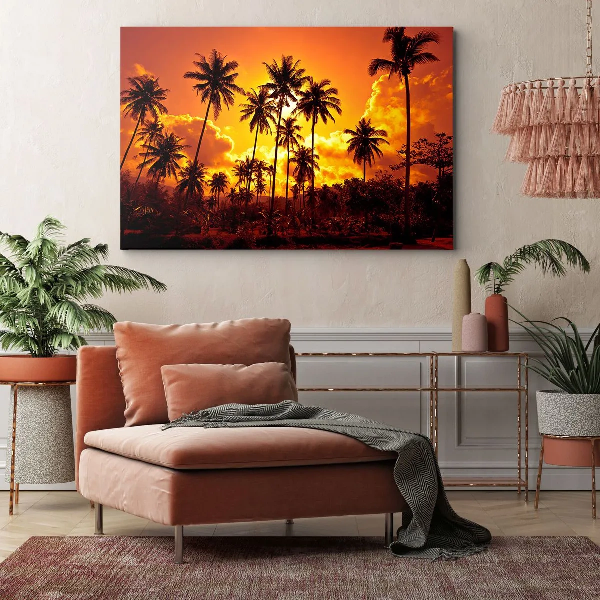 Obraz na płótnie - Palmy na tle złotego nieba podczas tropikalnego zachodu słońca - 70x50cm - Płoną góry, płoną lasy - Nowoczesna dekoracja ścienna do salonu i sypialni ARTTOR