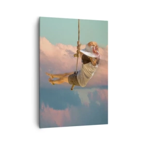 Obraz na płótnie - Kobieta na huśtawce wśród różowych chmur - 70x100cm - Zabawa w obłokach - Nowoczesna dekoracja ścienna do salonu i sypialni ARTTOR