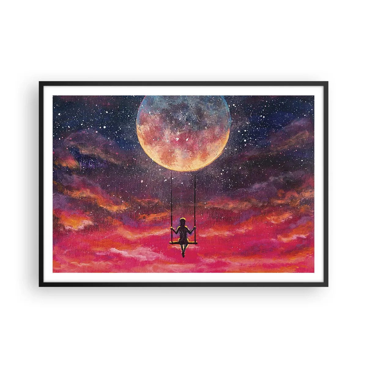 Plakat w czarnej ramie - Postać na huśtawce zawieszonej na tle księżyca - 100x70cm - Bujać w obłokach - Nowoczesna dekoracja ścienna do salonu i sypialni ARTTOR