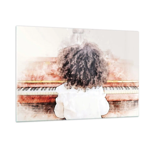 Obraz na szkle - Dziecko z kręconymi włosami grające na pianinie - 120x80cm - W nowym świecie - Nowoczesna dekoracja ścienna do salonu, kuchni i sypialni ARTTOR
