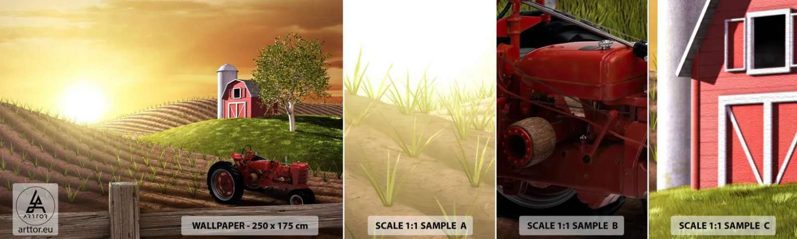 Fototapeta Próbka Samoprzylepna Deluxe Sticker - Farma jak z bajki - Gospodarstwo Rolne, Krajobraz, Traktor - 100x30 cm