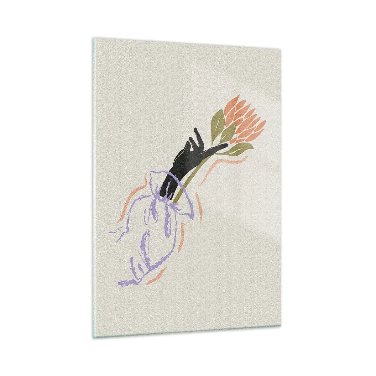 Obraz na szkle - Stylizowana dłoń z bukietem kwiatów narysowana pastelowymi liniami - 50x70cm - Siostrzany dotyk - Nowoczesna dekoracja ścienna do salonu, kuchni i sypialni ARTTOR