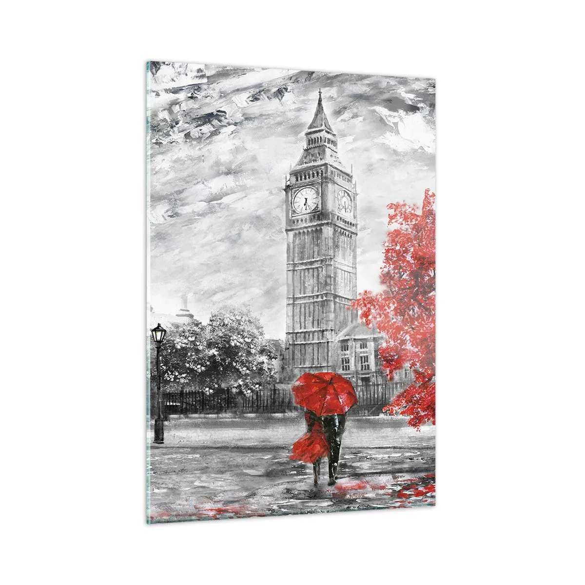 Obraz na szkle - Big Ben z czerwonym autobusem i parasolem w tle jesiennych drzew - 50x70cm - Ekscytujący dzień - Nowoczesna dekoracja ścienna do salonu, kuchni i sypialni ARTTOR