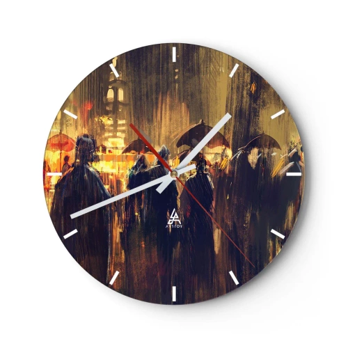 Zegar ścienny - Tłum ludzi pod parasolami na tle nocnego miasta - 30x30cm - Wyznawcy deszczu - Nowoczesna dekoracja ścienna do salonu, kuchni i sypialni ARTTOR