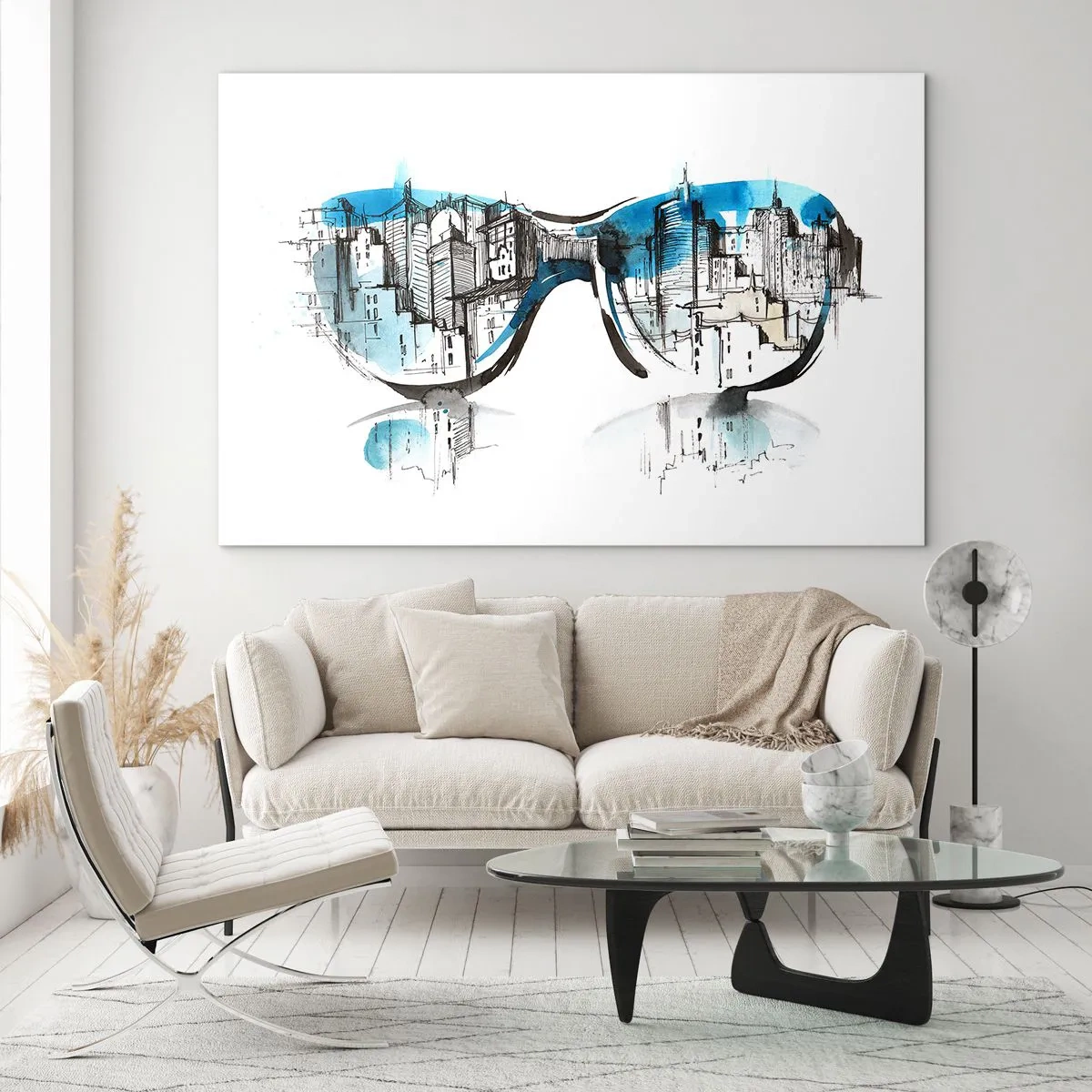 Obraz na szkle - Panorama miasta odbita w okularach przeciwsłonecznych - 70x50cm - Wielkomiejski szyk - Nowoczesna dekoracja ścienna do salonu i sypialni ARTTOR