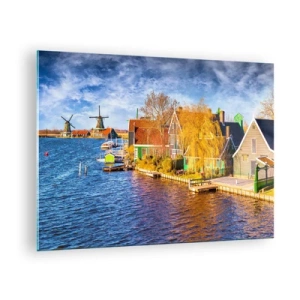 Obraz na szkle - Malownicze holenderskie domy nad wodą z wiatrakami - 70x50cm - Od wieków bez zmian - Nowoczesna dekoracja ścienna do salonu i sypialni ARTTOR