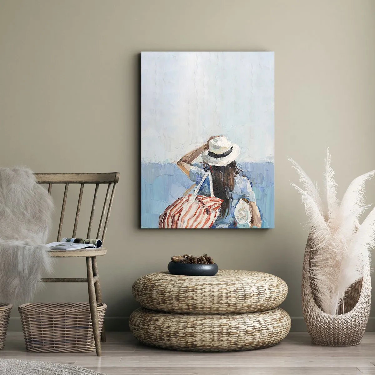 Obraz na płótnie - Obraz w stylu impresjonistycznym przedstawiający kobietę nad morzem - 50x70cm - Witaj na wakacjach - Nowoczesna dekoracja ścienna do salonu, kuchni i sypialni ARTTOR