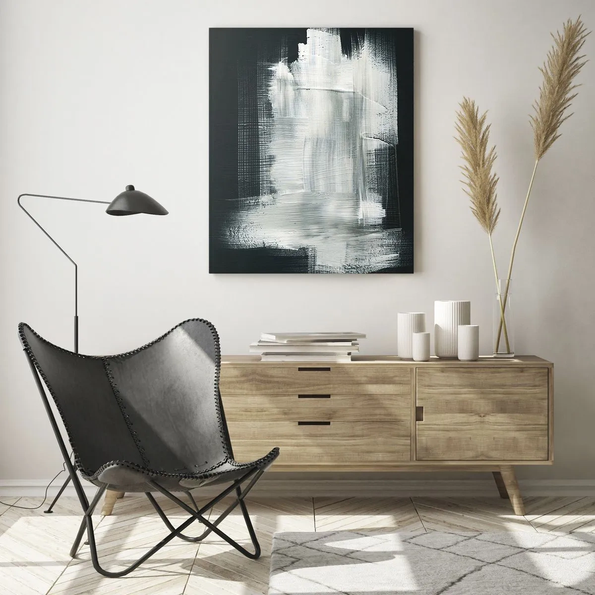 Obraz na szkle - Minimalistyczna abstrakcja w czerni i bieli - 50x70cm - Utkane z pionu i poziomu - Nowoczesna dekoracja ścienna do salonu, kuchni i sypialni ARTTOR