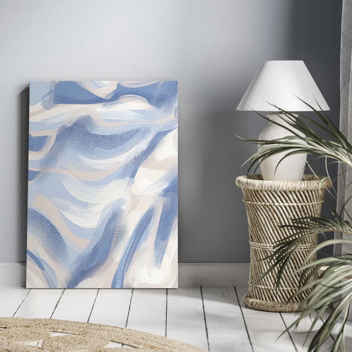 Obraz na płótnie - Abstrakcyjna kompozycja w odcieniach błękitu, beżu i bieli - 50x70cm - Błękitne falowanie - Nowoczesna dekoracja ścienna do salonu, kuchni i sypialni ARTTOR