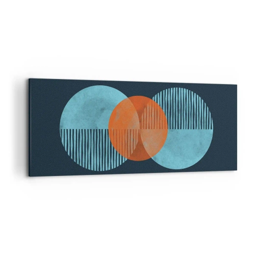 Obraz na płótnie - Geometryczne koła w odcieniach niebieskiego i pomarańczowego - 120x50cm - Kompozycja symetryczna - Nowoczesna dekoracja ścienna do salonu i sypialni ARTTOR