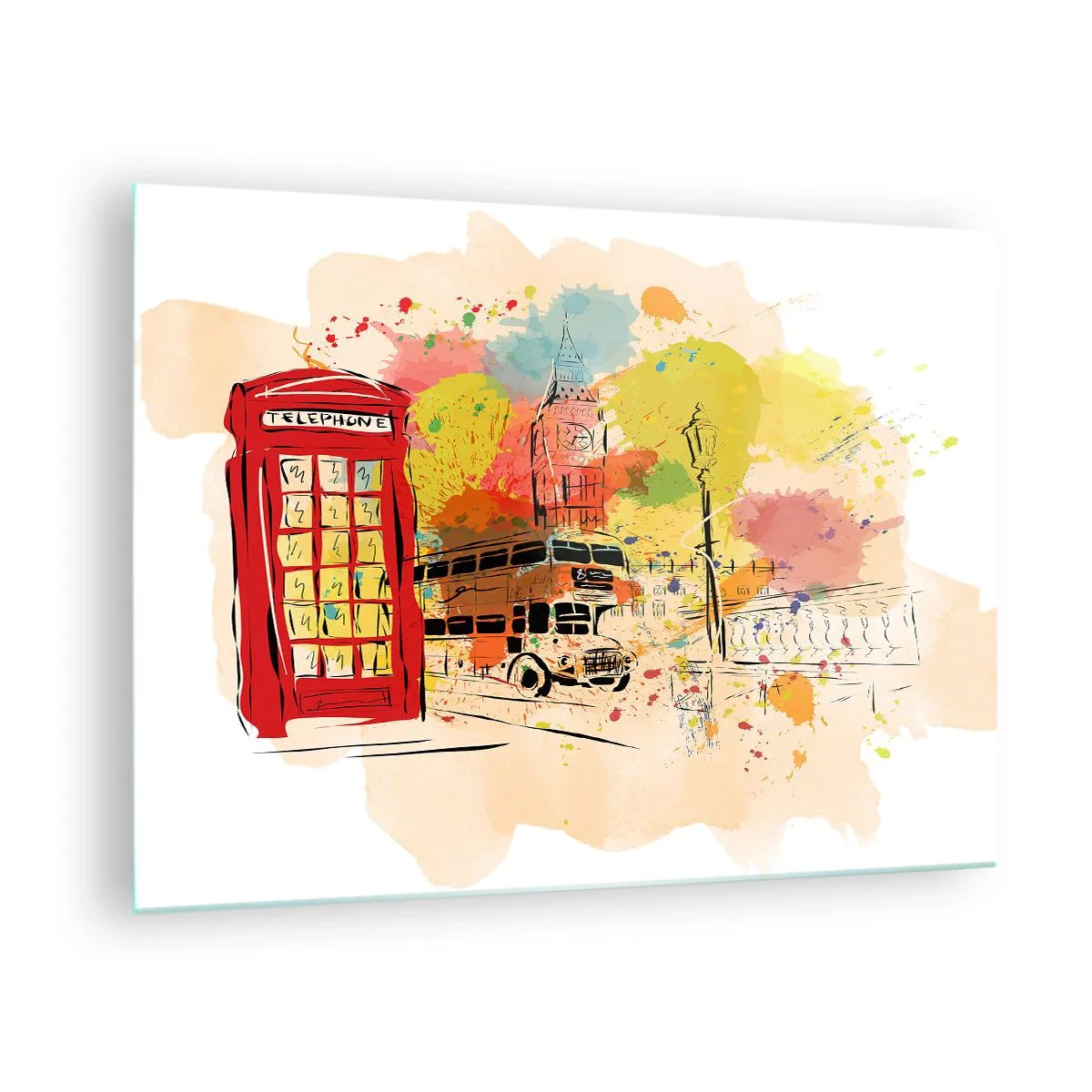 Obraz na szkle - Czerwona budka telefoniczna, piętrowy autobus i Big Ben - 70x50cm - Miasto rozmaitości - Nowoczesna dekoracja ścienna do salonu i sypialni ARTTOR