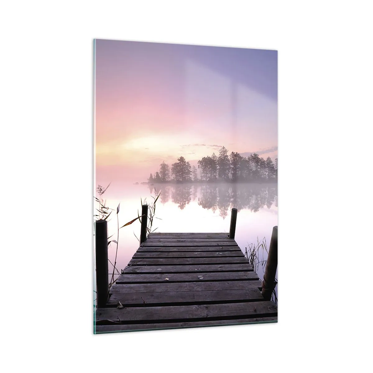Obraz na szkle - Pomost o wschodzie słońca nad spokojnym jeziorem - 50x70cm - Z liliowej mgły... - Nowoczesna dekoracja ścienna do salonu, kuchni i sypialni ARTTOR
