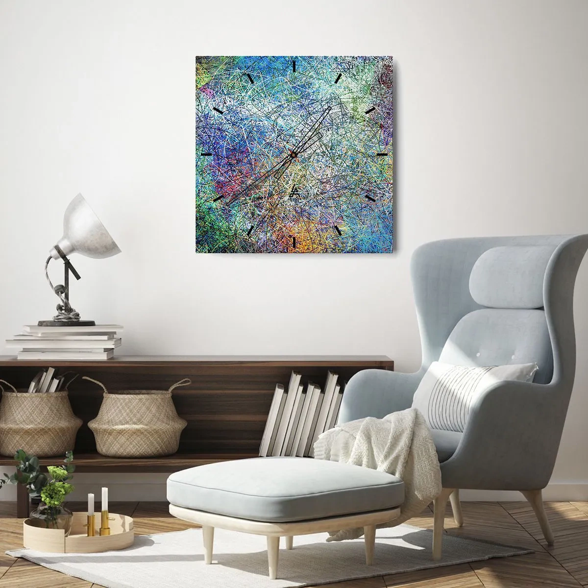 Zegar ścienny - Abstrakcyjna kompozycja z wielokolorowymi liniami i teksturami - 30x30cm - To nie takie proste - Nowoczesna dekoracja ścienna do salonu i sypialni ARTTOR
