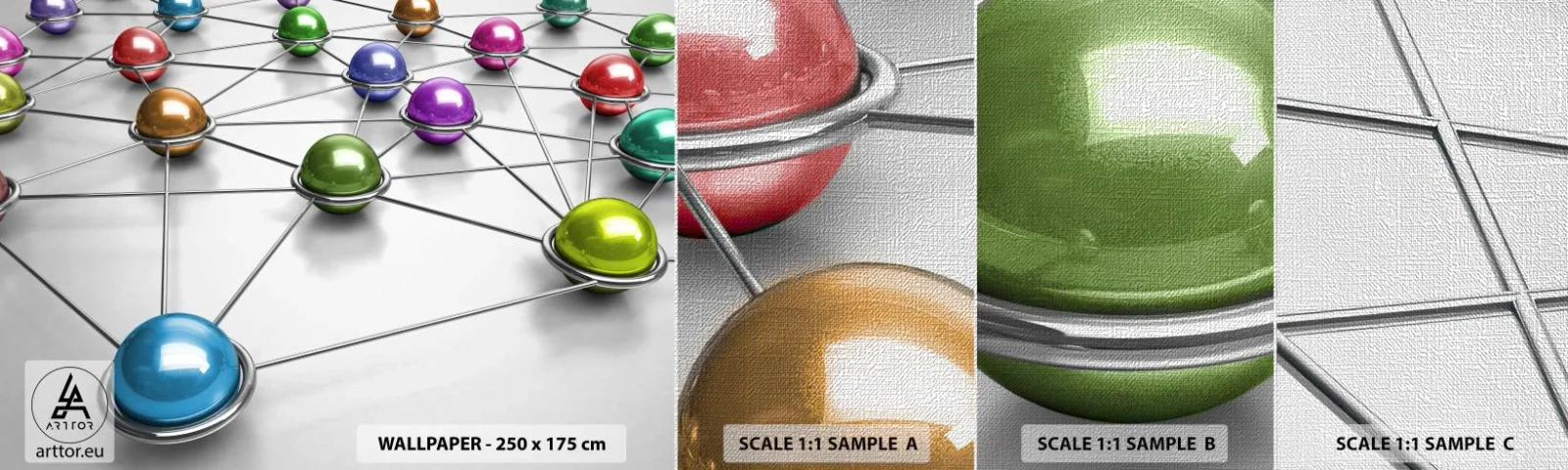 Fototapeta Próbka Premium Canvas - Kosmiczna pajęczyna - Abstrakcja, Metalowe Kule, 3D - 100x30 cm