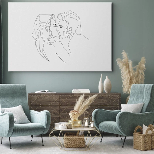 Obraz na płótnie - Tą samą kreską - Kontur pocałunku pary na jasnym tle - 70x50cm