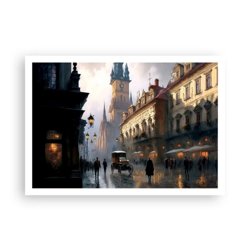 Plakat - Wieczorna scena uliczna z zabytkową architekturą - 100x70cm - Czar praskiego wieczoru - Nowoczesna dekoracja ścienna do salonu i sypialni ARTTOR
