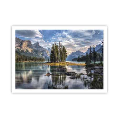 Plakat - Krajobraz górski z wyspą otoczoną spokojnym jeziorem - 100x70cm - Nad wodą wielką i czystą… - Nowoczesna dekoracja ścienna do salonu i sypialni ARTTOR