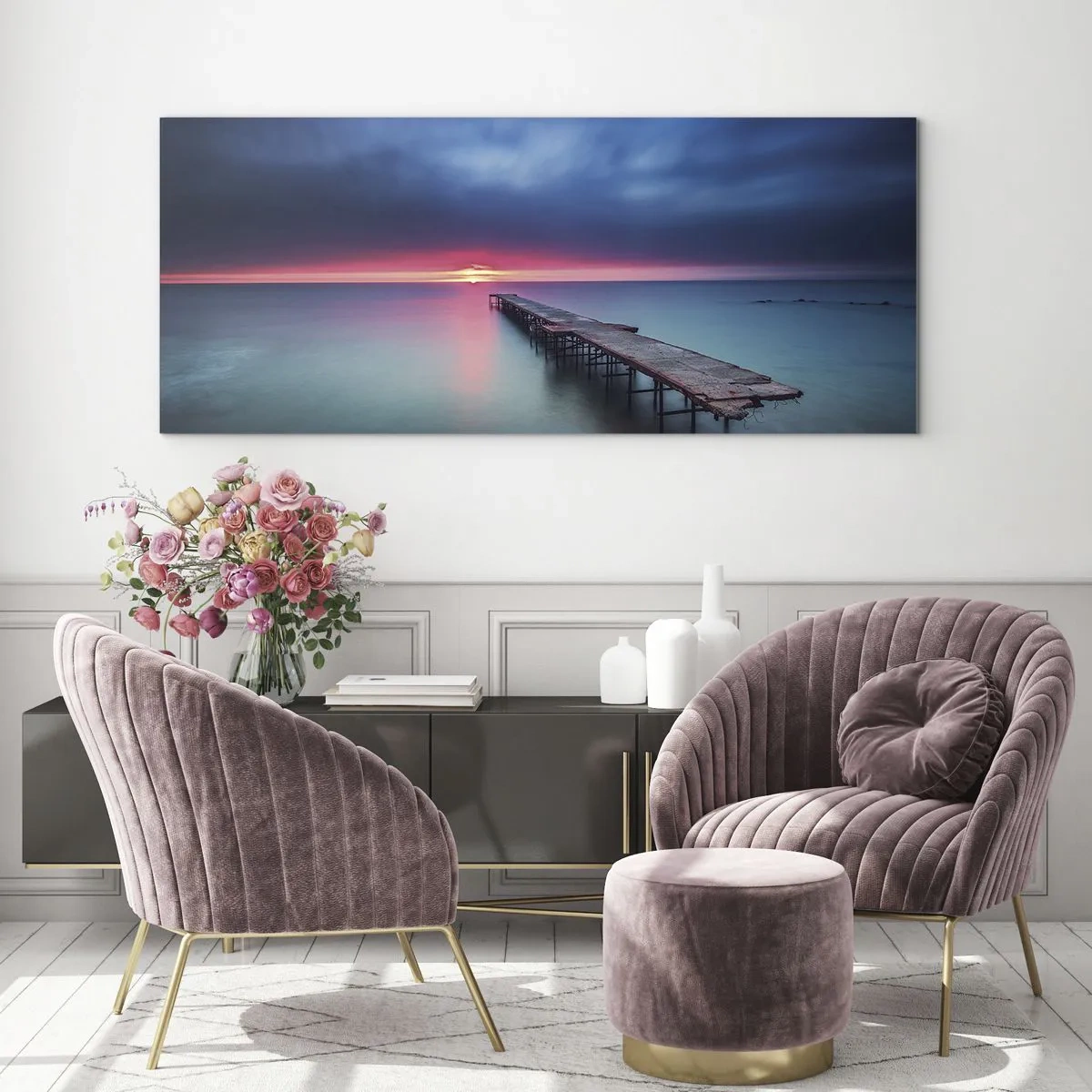 Obraz na szkle - Drewniane molo prowadzące wprost na morze o zachodzie słońca - 120x50cm - Między niebem a ziemią - Nowoczesna dekoracja ścienna do salonu i sypialni ARTTOR