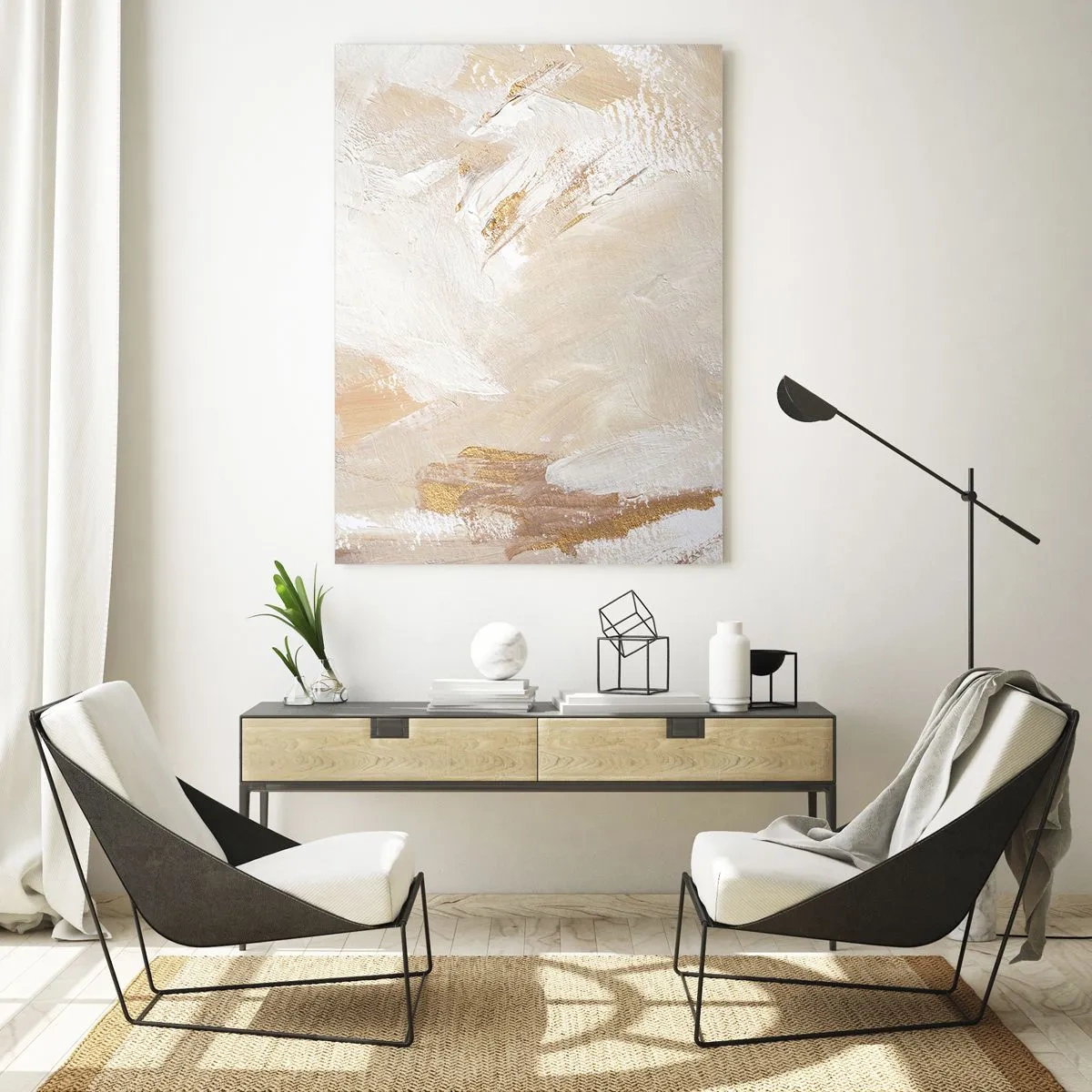 Obraz na szkle - Beżowo-biała abstrakcja z akcentami złota - 50x70cm - Pastelowa kompozycja - Nowoczesna dekoracja ścienna do salonu, kuchni i sypialni ARTTOR
