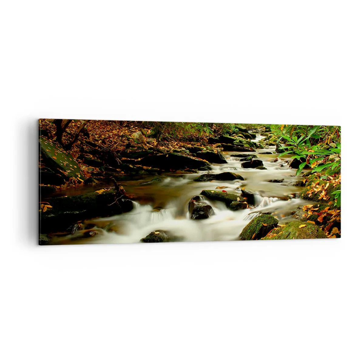 Obraz na płótnie - Leśny strumień płynący pomiędzy kamieniami otoczony zielenią - 140x50cm - Jak płynne srebro - Nowoczesna dekoracja ścienna do salonu i sypialni ARTTOR