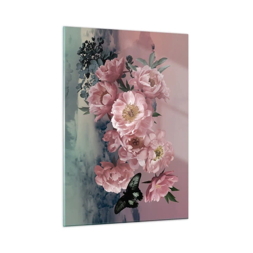 Obraz na szkle - Różowe piwonie z motylem na tle nieba - 50x70cm - Szczyt romantyzmu - Nowoczesna dekoracja ścienna do salonu, kuchni i sypialni ARTTOR