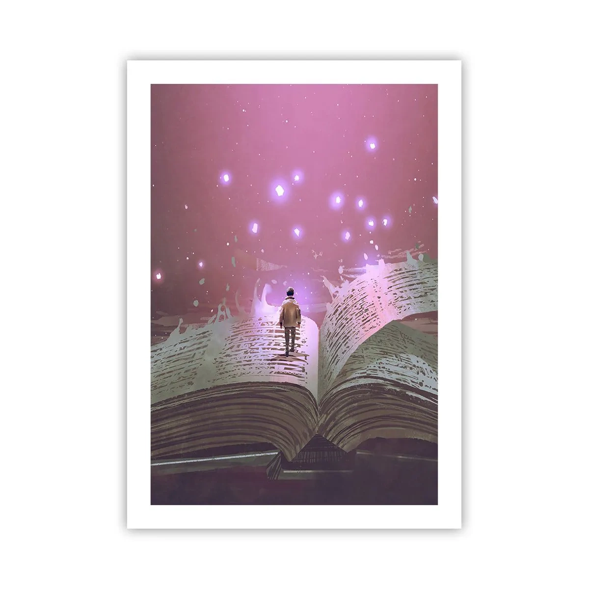 Plakat - Postać w magicznej scenerii stojąca na otwartej książce - 50x70cm - Zaproszenie do innego świata - przeczytaj! - Nowoczesna dekoracja ścienna do salonu, kuchni i sypialni ARTTOR