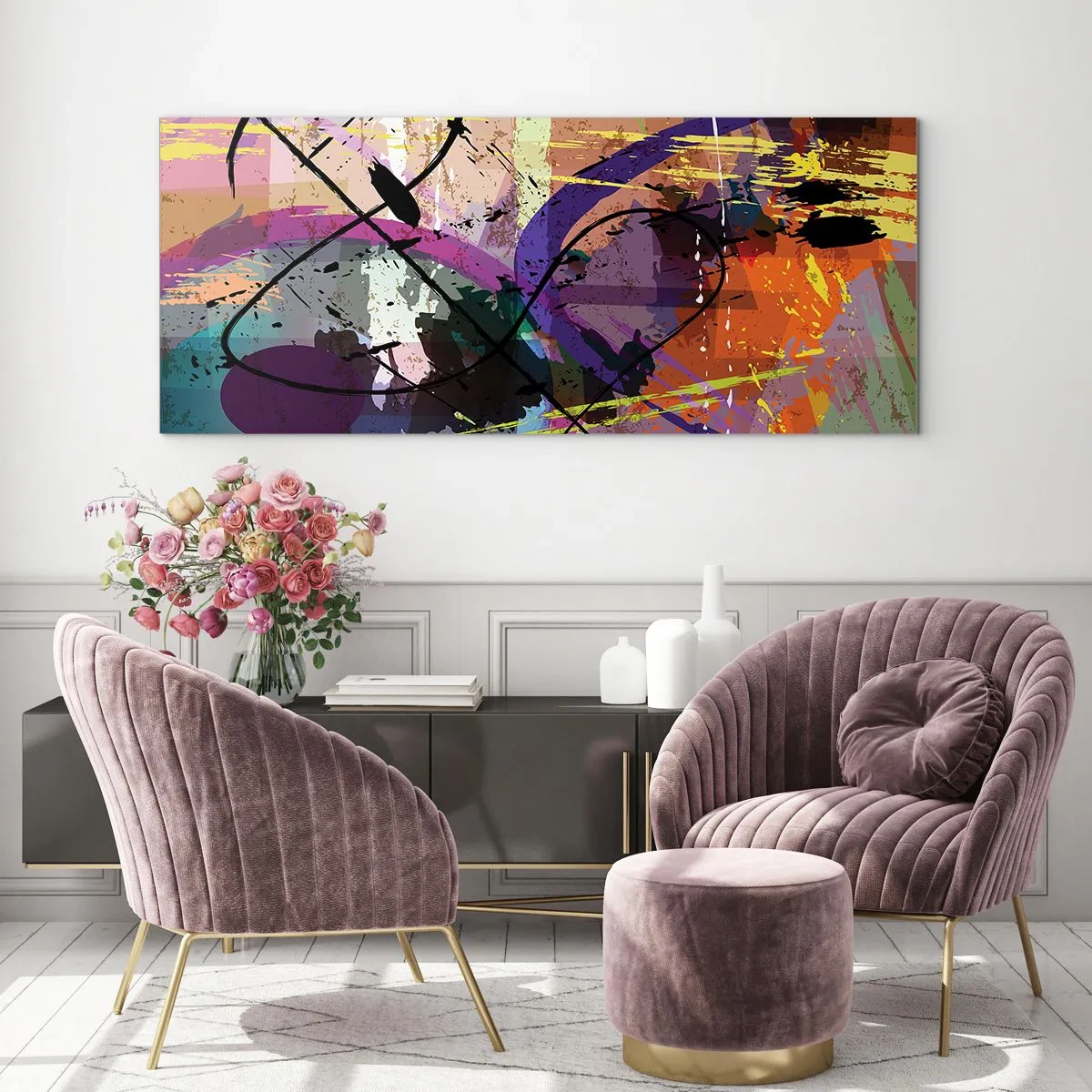 Obraz na szkle - Kolorowy abstrakcyjny wzór z dynamicznymi liniami i kształtami - 140x50cm - Można wprost lub naokoło - Nowoczesna dekoracja ścienna do salonu i sypialni ARTTOR