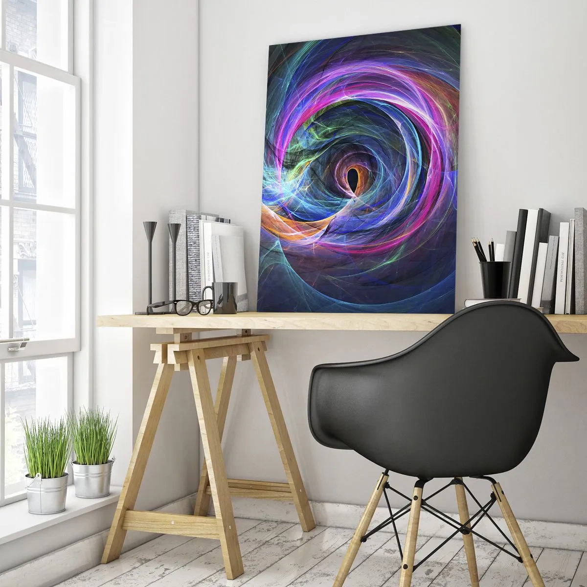 Obraz na szkle - Abstrakcyjna spirala w intensywnych barwach na ciemnym tle - 50x70cm - Dokąd mnie zaprowadzisz? - Nowoczesna dekoracja ścienna do salonu, kuchni i sypialni ARTTOR