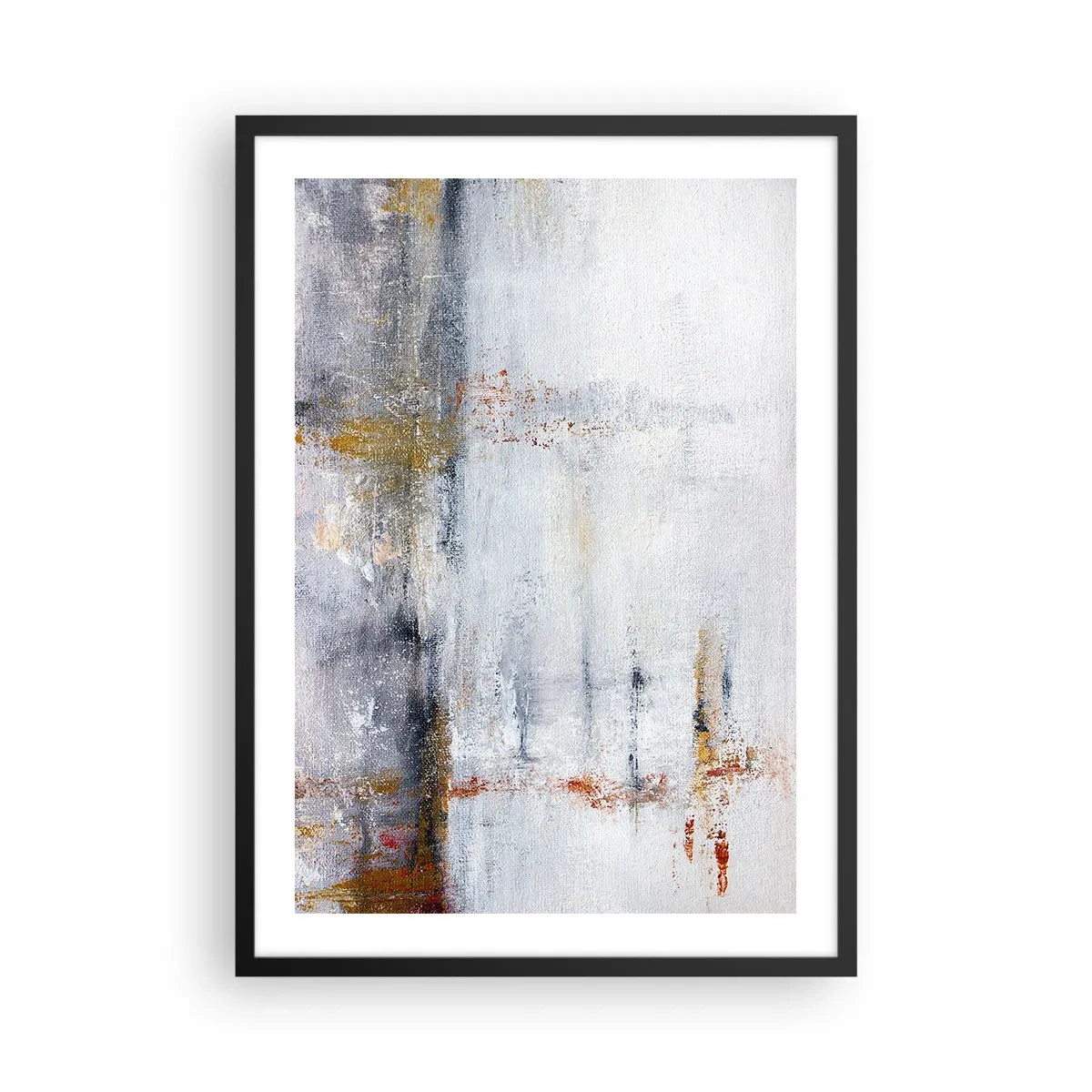 Plakat w czarnej ramie - Abstrakcyjna kompozycja z odcieniami szarości, bieli i złota - 50x70cm - Za powietrza zasłoną - Nowoczesna dekoracja ścienna do salonu i sypialni ARTTOR