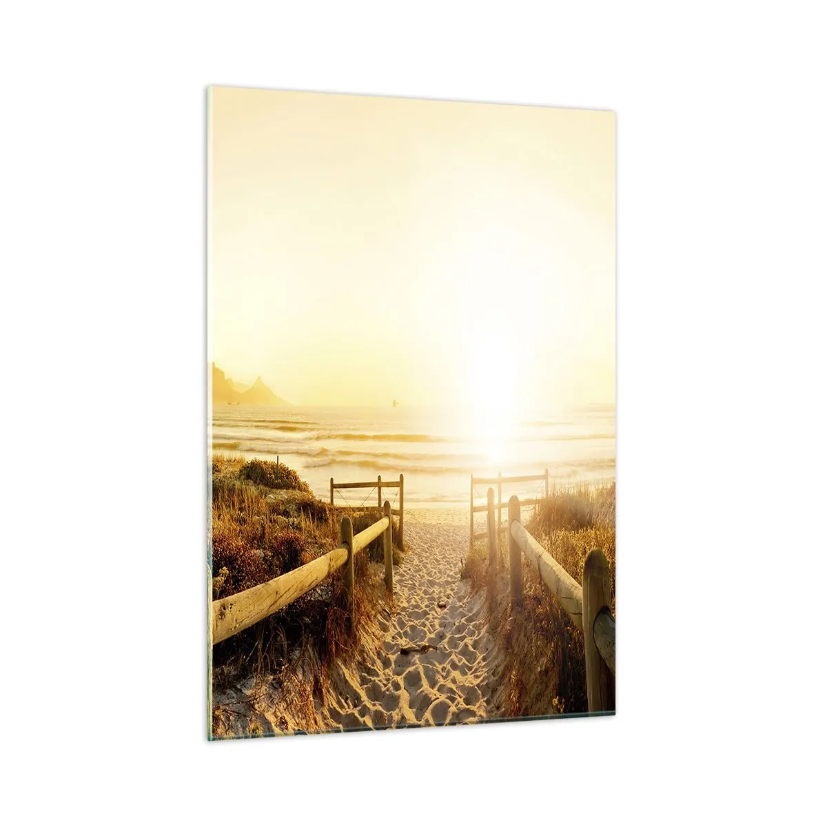 Obraz na szkle - Ścieżka przez wydmę prowadząca na plażę o zachodzie słońca - 50x70cm - Przez wydmę, w stronę słońca - Nowoczesna dekoracja ścienna do salonu, kuchni i sypialni ARTTOR