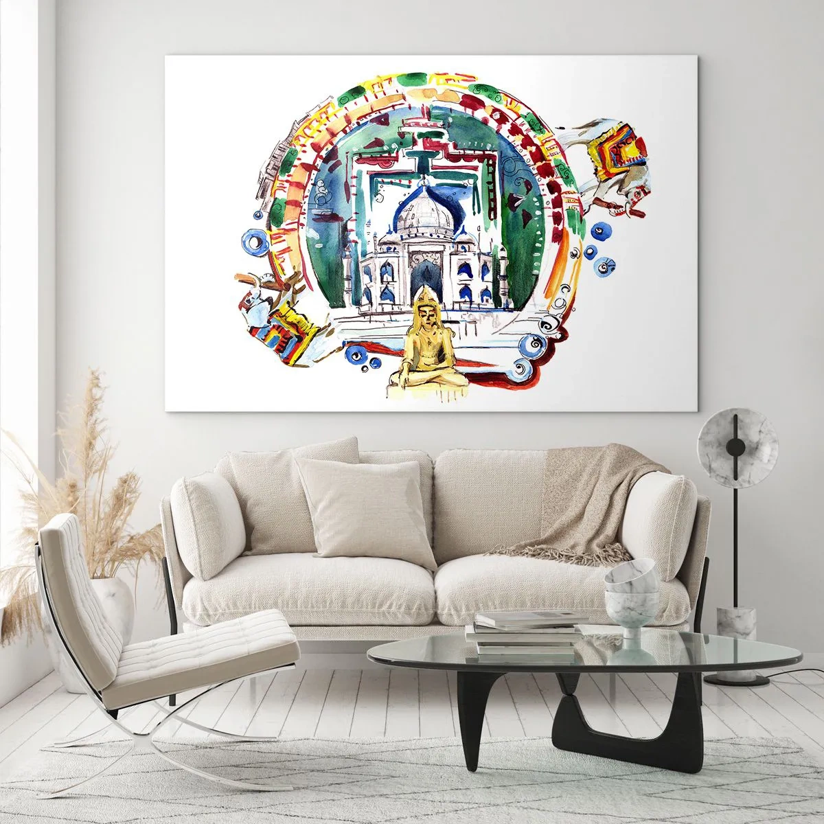 Obraz na szkle - Kolorowa ilustracja zabytków Indii w stylu akwareli - 120x80cm - Hinduska równowaga świata - Nowoczesna dekoracja ścienna do salonu, kuchni i sypialni ARTTOR