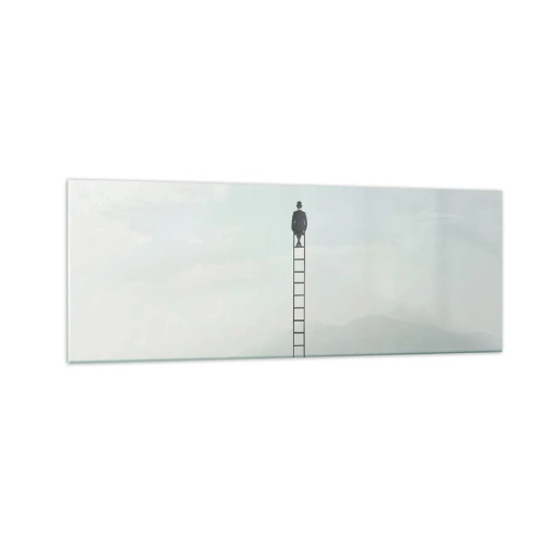 Obraz na szkle - Mężczyzna na drabinie wznoszącej się w niebo - 140x50cm - Wznieś się ponadto - Nowoczesna dekoracja ścienna do salonu i sypialni ARTTOR