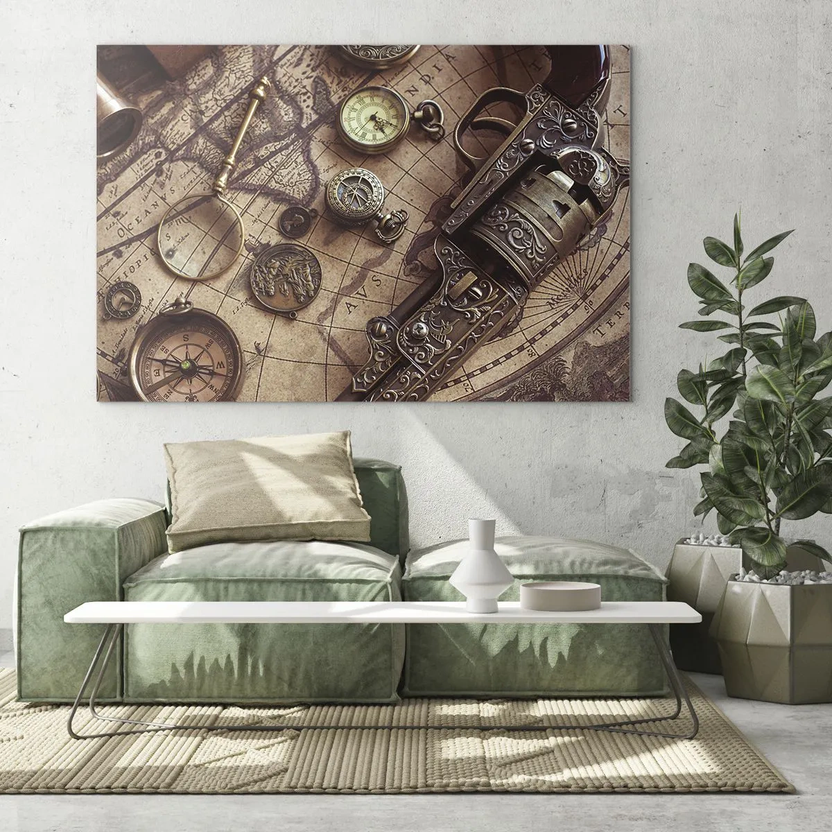 Obraz na szkle - Starożytne przedmioty i mapa - 70x50cm - Przygoda wzywa - Nowoczesna dekoracja ścienna do salonu i sypialni ARTTOR