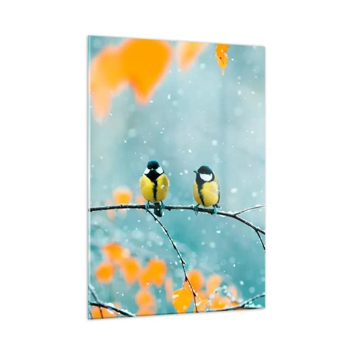 Obraz na szkle - Dwie sikorki siedzące na gałązce wśród opadających liści - 50x70cm - Ptasie plotki - Nowoczesna dekoracja ścienna do salonu, kuchni i sypialni ARTTOR