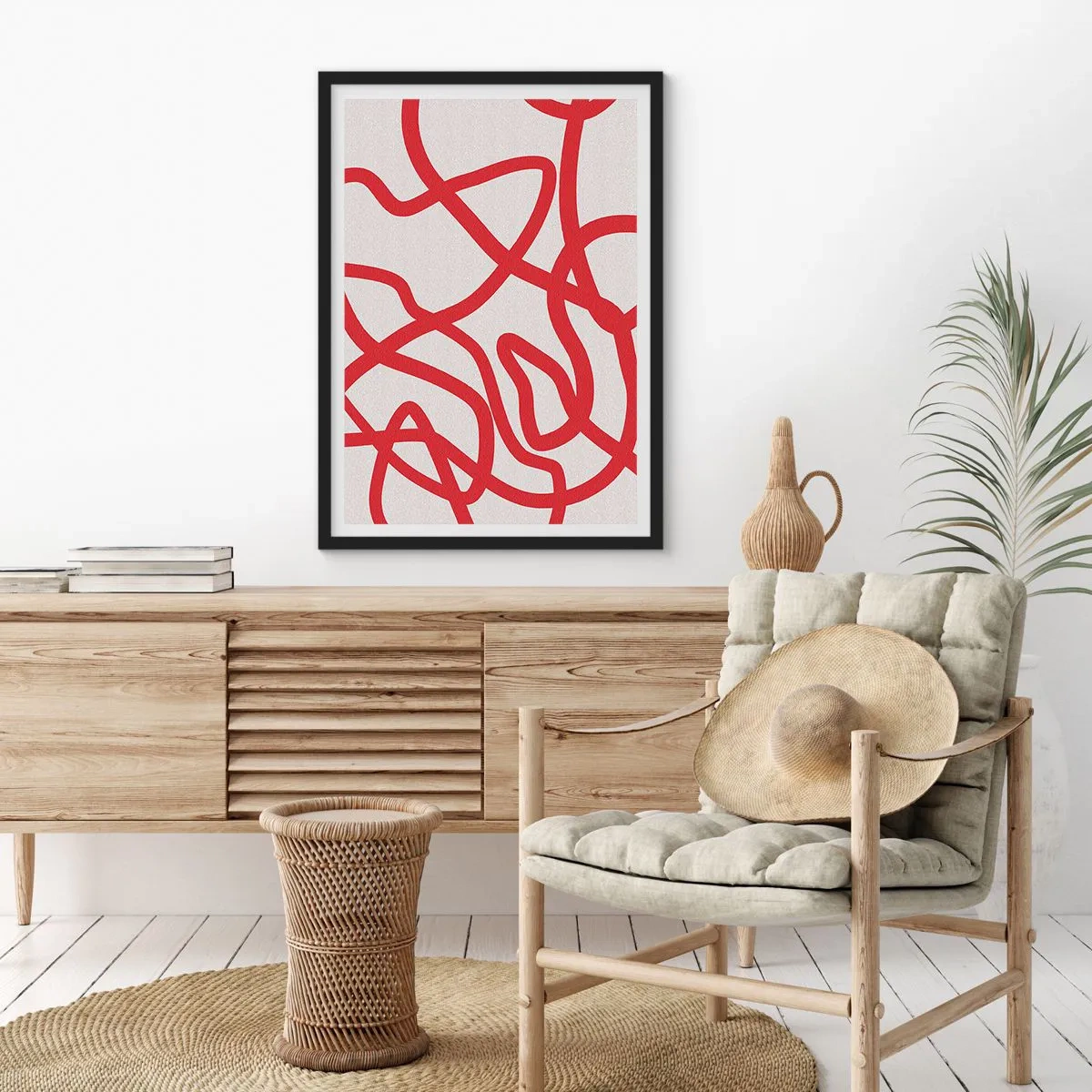 Plakat w czarnej ramie - Abstrakcyjna kompozycja dynamicznych czerwonych linii na jasnym tle - 50x70cm - Czerwono na białym - Nowoczesna dekoracja ścienna do salonu i sypialni ARTTOR
