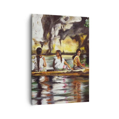 Obraz na płótnie - Trzy kobiety w łodzi płynące po tropikalnej rzece w otoczeniu egzotycznej natury - 50x70cm - W polinezyjskim raju - Nowoczesna dekoracja ścienna do salonu, kuchni i sypialni ARTTOR