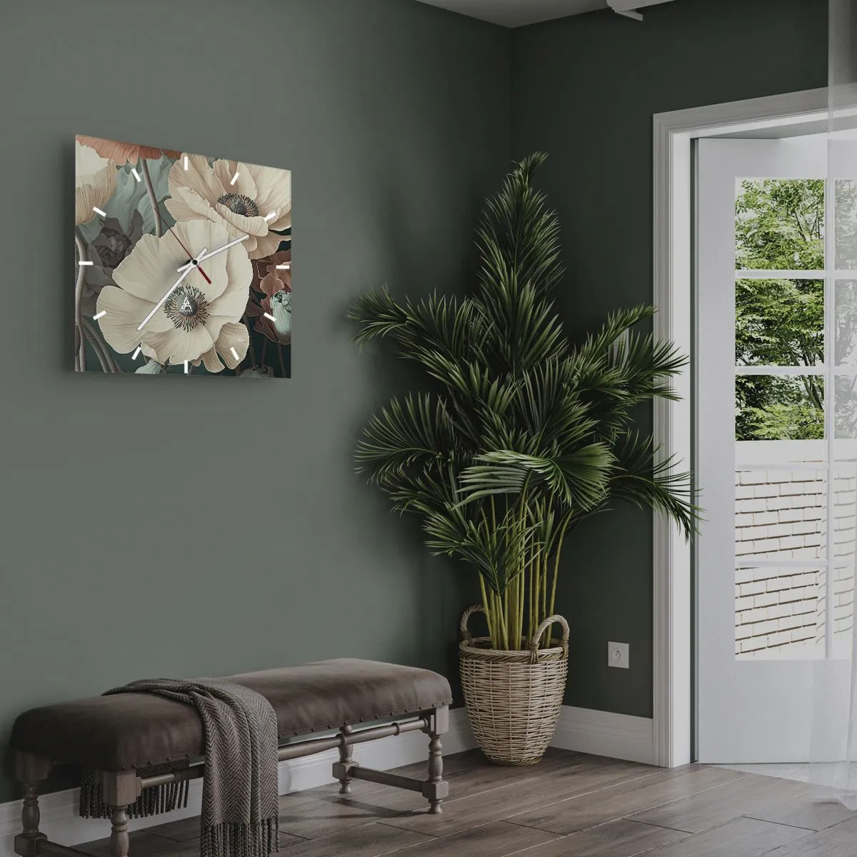 Zegar ścienny - Eleganckie kwiaty w pastelowych odcieniach na zielonym tle - 30x30cm - Szept maków - Nowoczesna dekoracja ścienna do salonu i sypialni ARTTOR