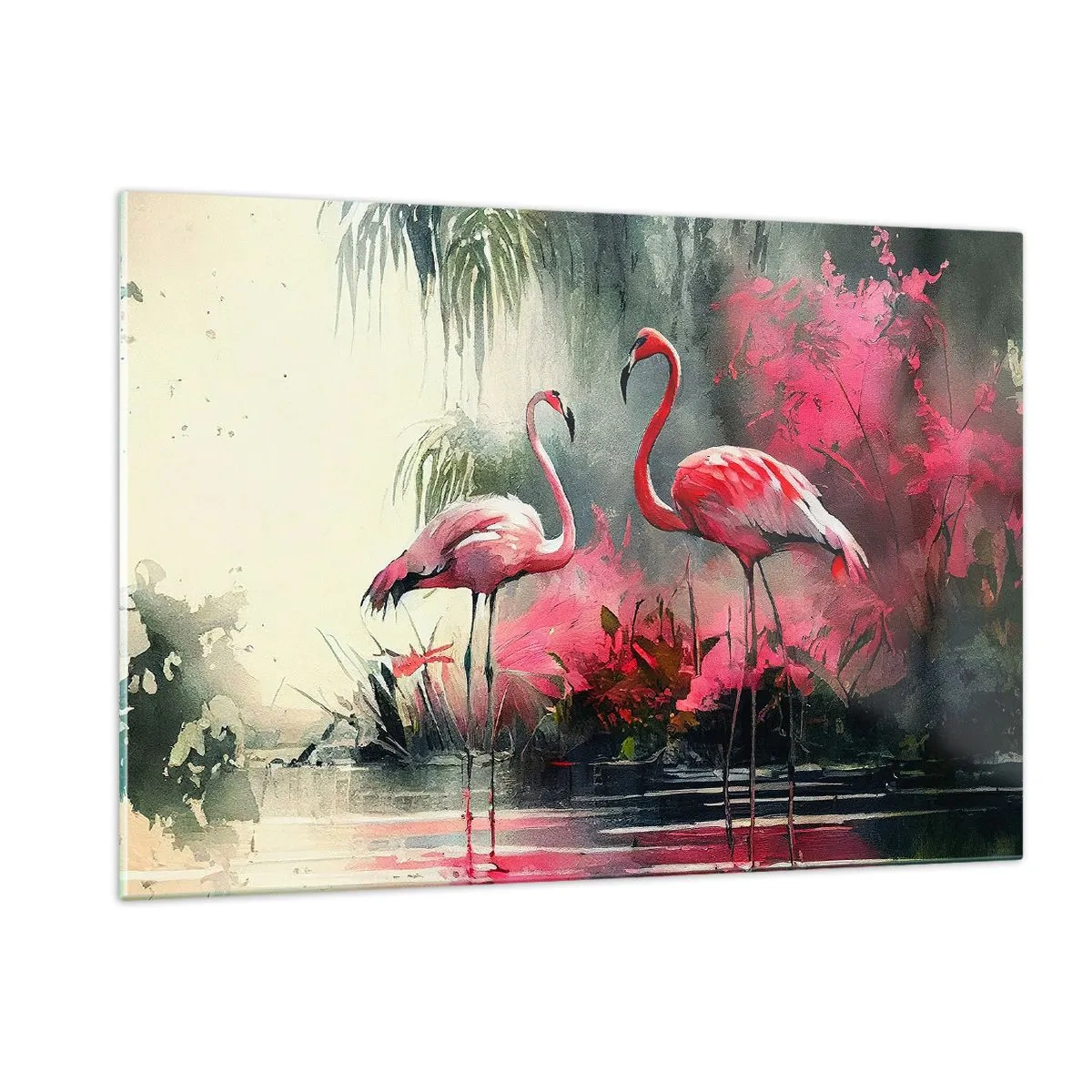 Obraz na szkle - Dwa flamingi w tropikalnym otoczeniu nad wodą - 120x80cm - Lekcja naturalnego wdzięku - Nowoczesna dekoracja ścienna do salonu, kuchni i sypialni ARTTOR