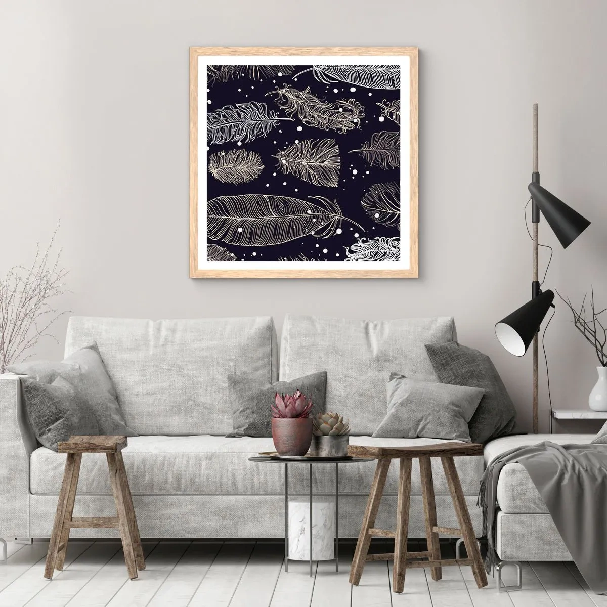 Plakat w ramie jasny dąb - Pierzasta koronka - 50x50 cm